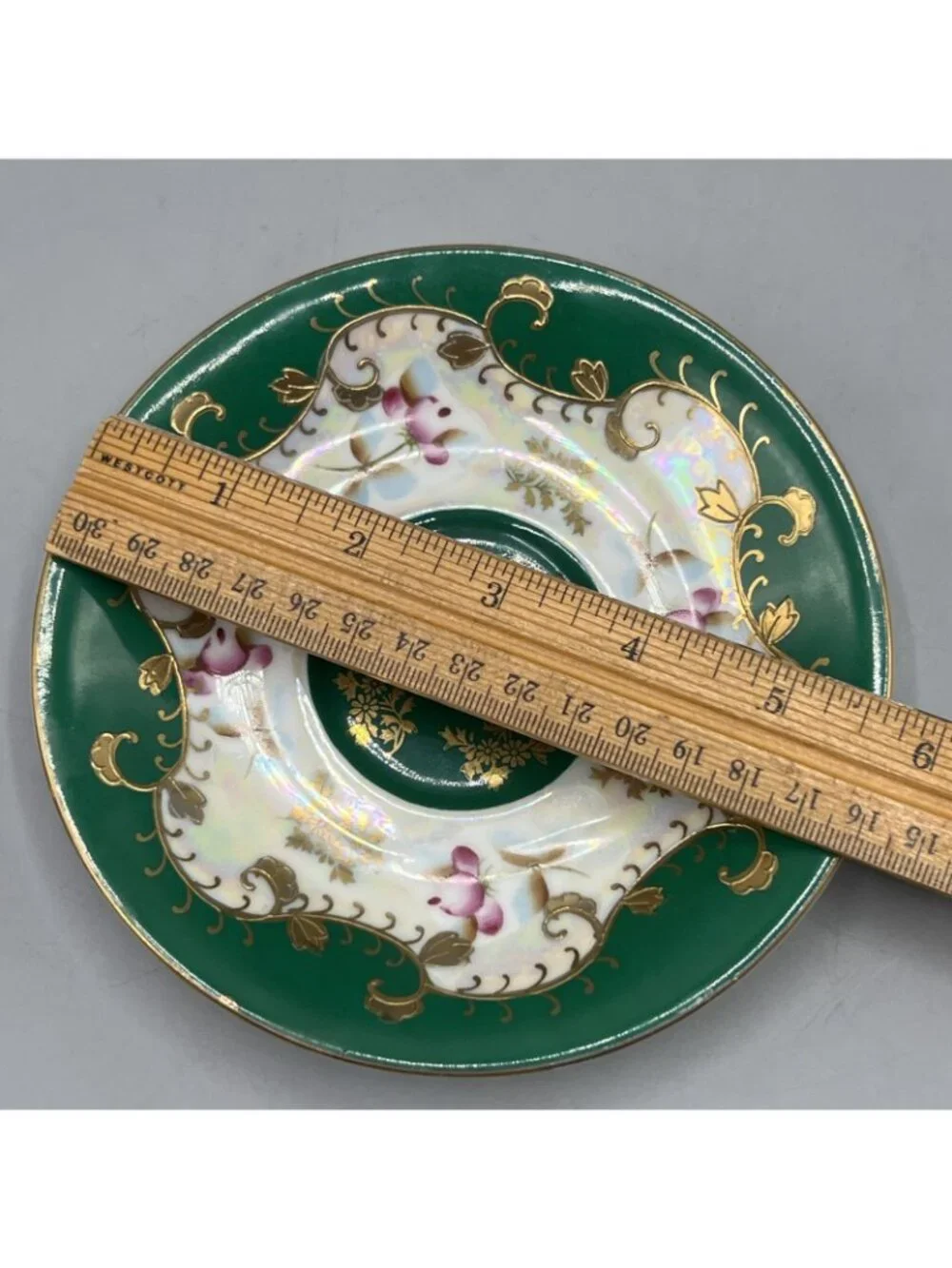 Vtg 50’s Lusterware Tea Cup Saucer Green Gold Trim Masculine Royal Sealy Japan
